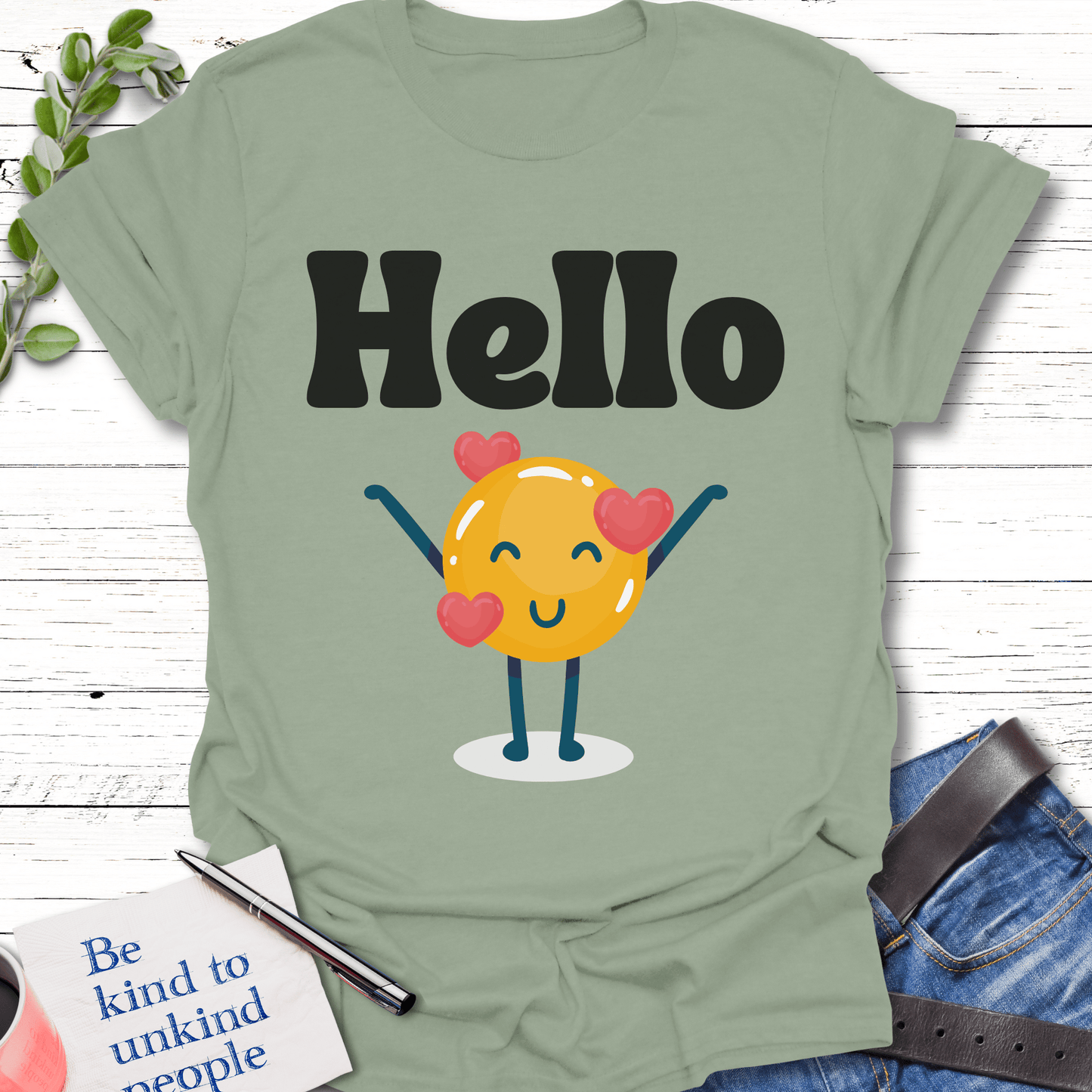 T-Shirt Sage / S Big Hello T-Shirt Echo Kindness Printify