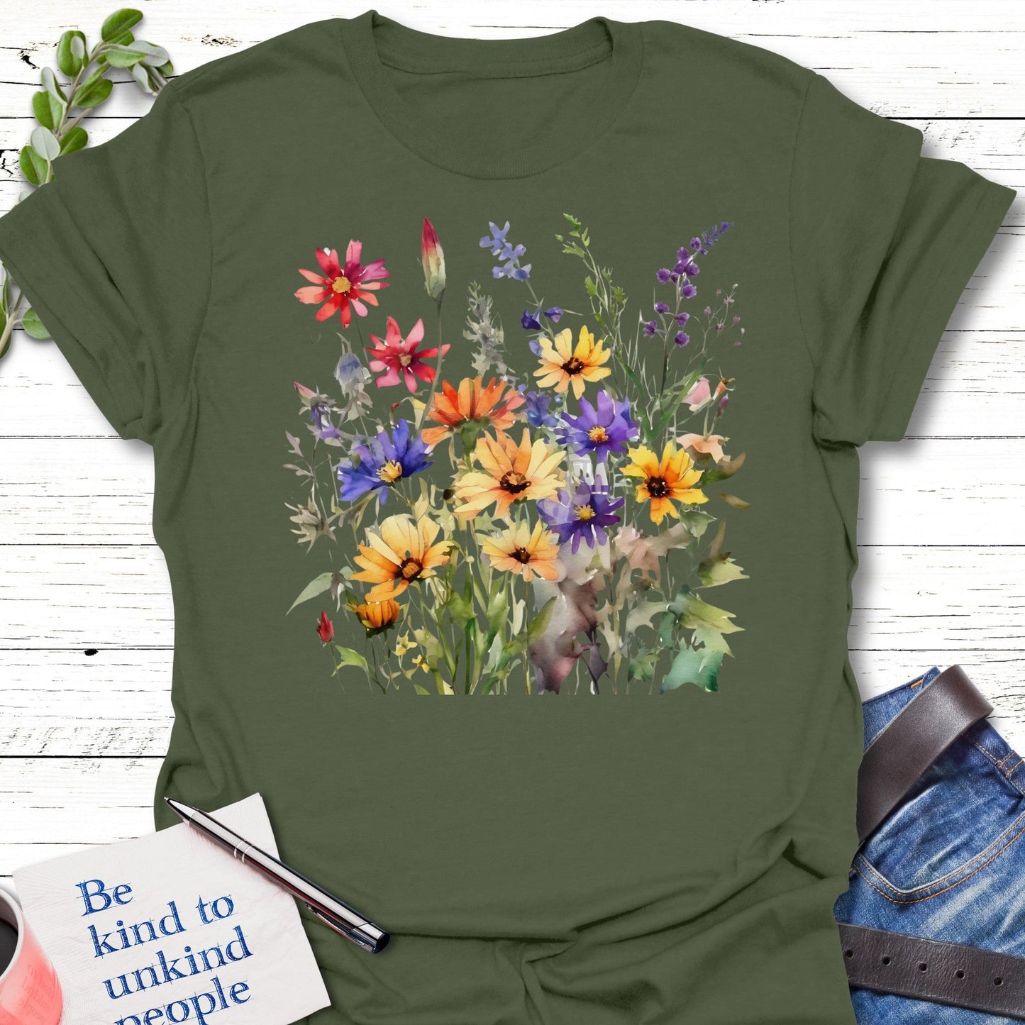 T-Shirt Military Green / S Blooming Serenity T-Shirt Echo Kindness Printify