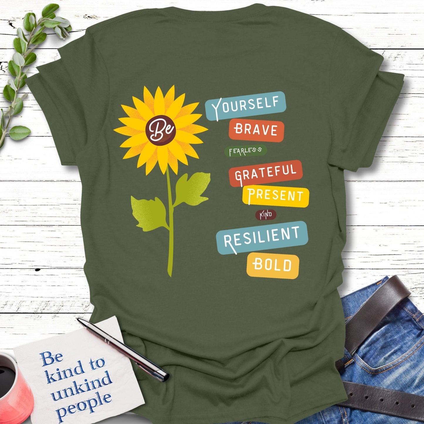 T-Shirt Military Green / S Bold Sunflower T-Shirt Echo Kindness Printify