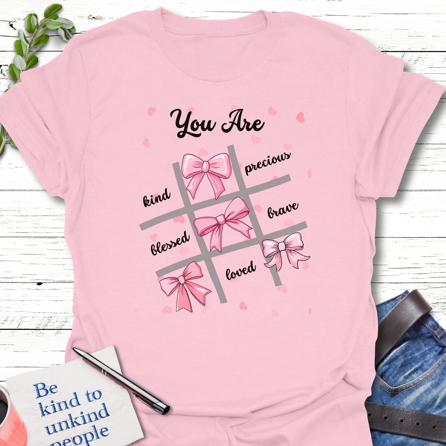 T-Shirt Light Pink / S Bows Tic Tac Toe T-Shirt Echo Kindness Printify