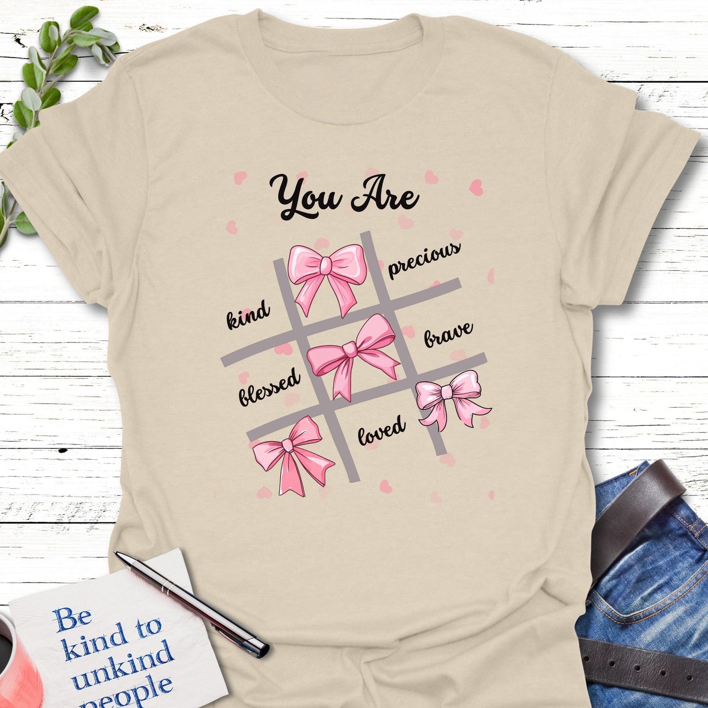 T-Shirt Natural / S Bows Tic Tac Toe T-Shirt Echo Kindness Printify
