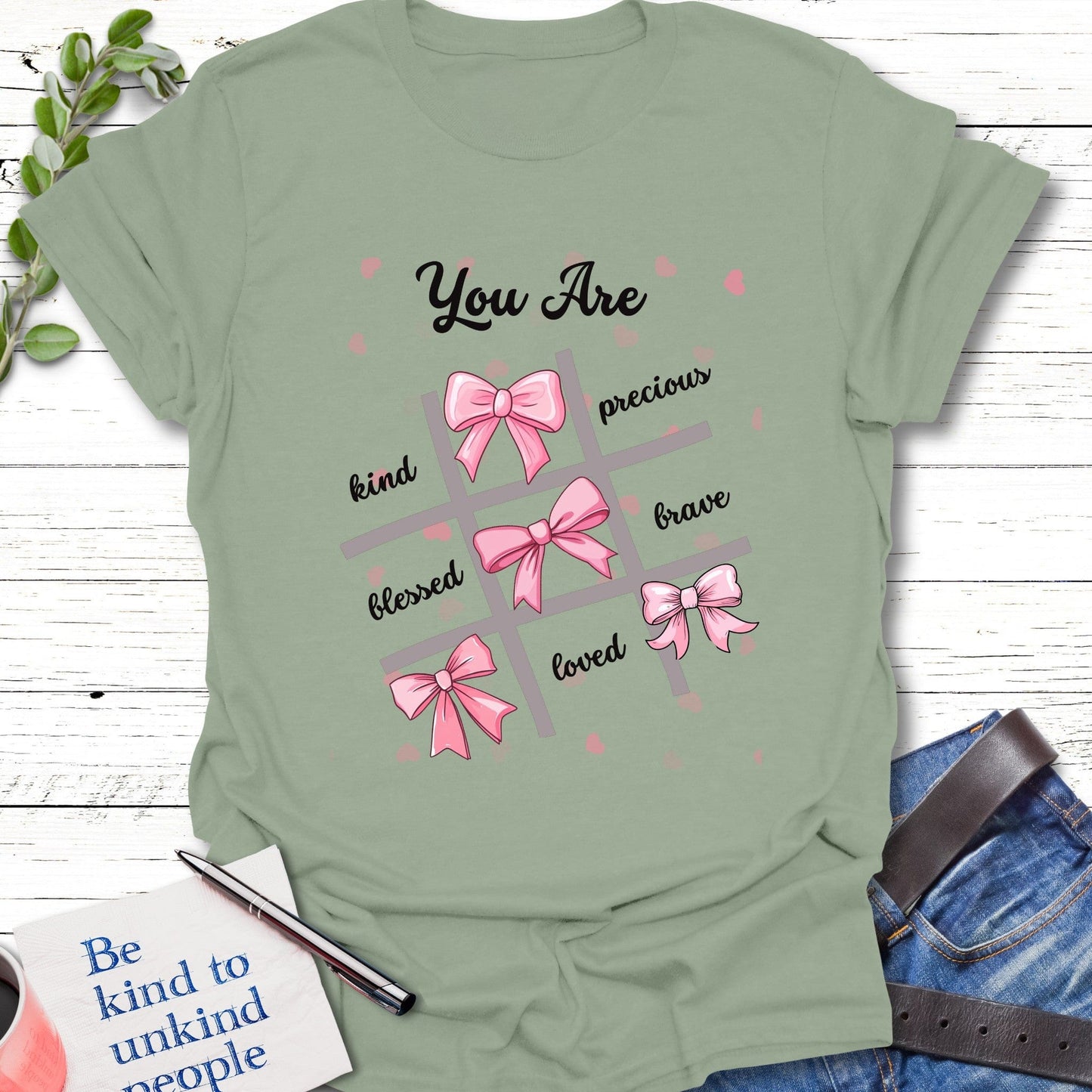T-Shirt Sage / S Bows Tic Tac Toe T-Shirt Echo Kindness Printify