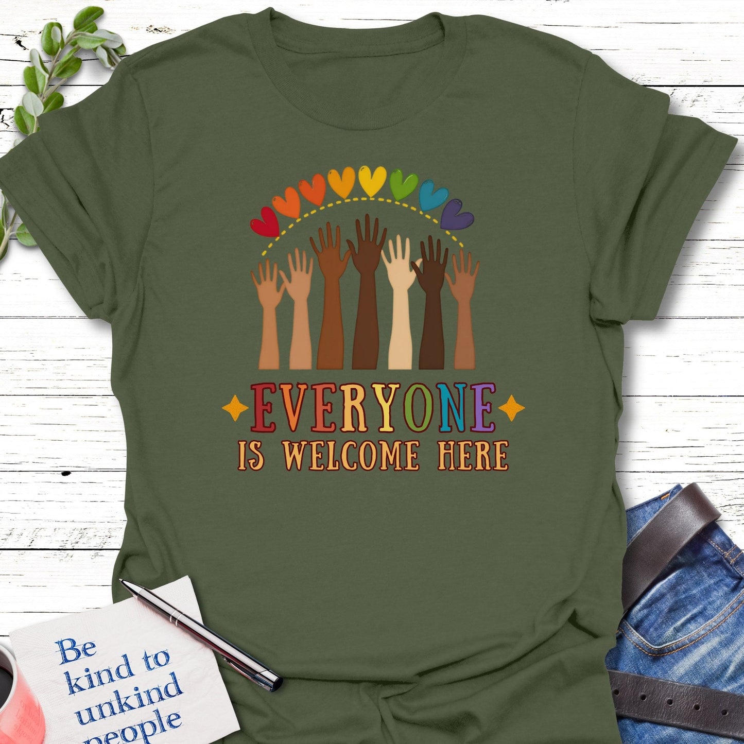 T-Shirt Military Green / S Everyone Welcome T-Shirt Echo Kindness Printify