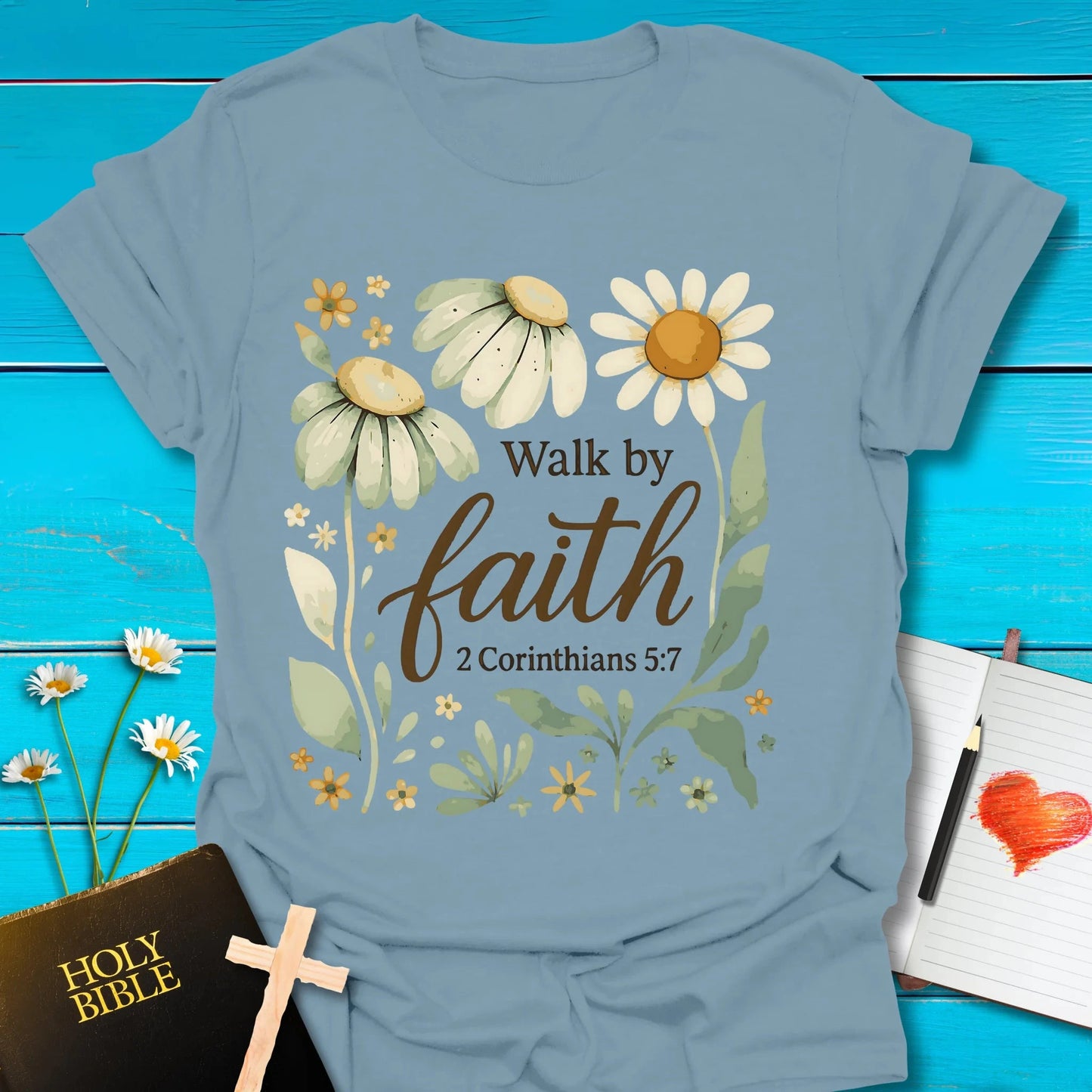 T-Shirt Stone Blue / S Faith Flowers T-Shirt Echo Kindness Printify