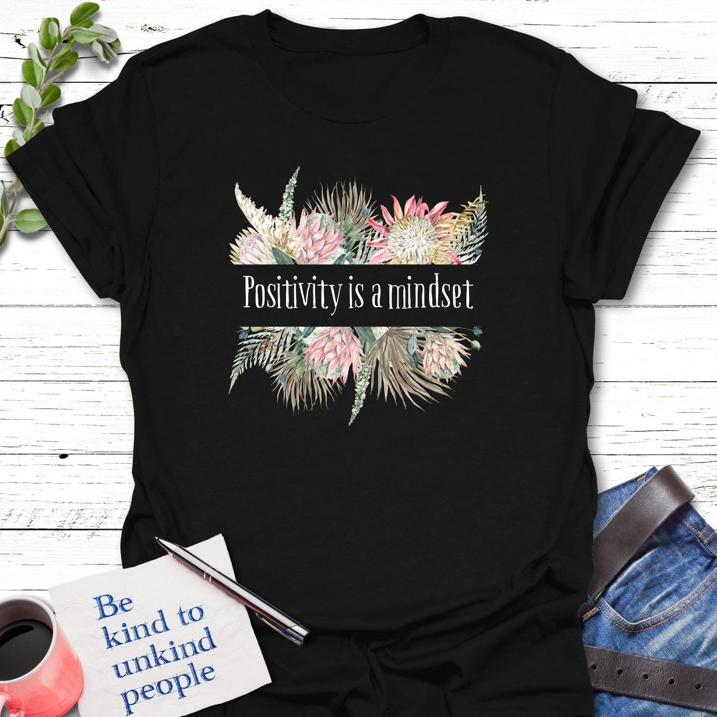 T-Shirt Black / S Floral Positivity T-Shirt Echo Kindness Printify