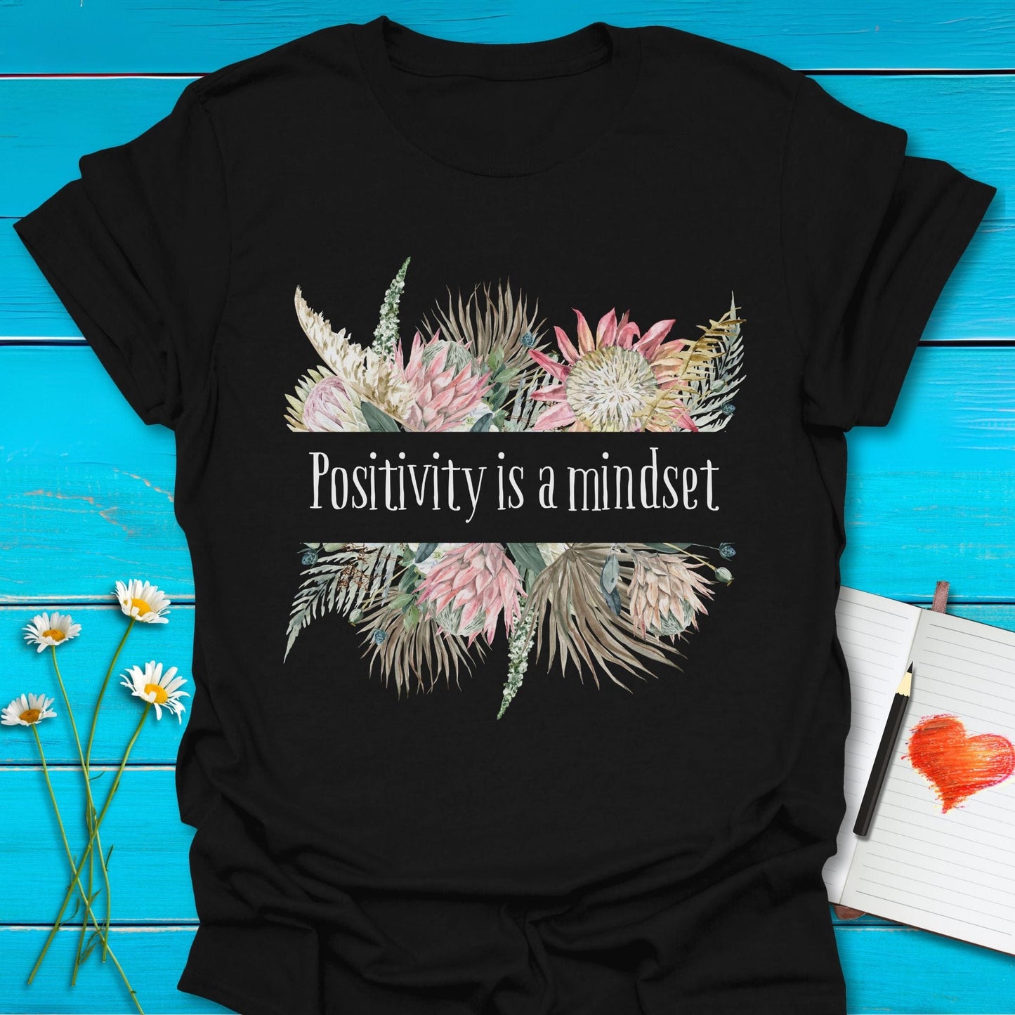 T-Shirt Black / S Floral Positivity T-Shirt Echo Kindness Printify