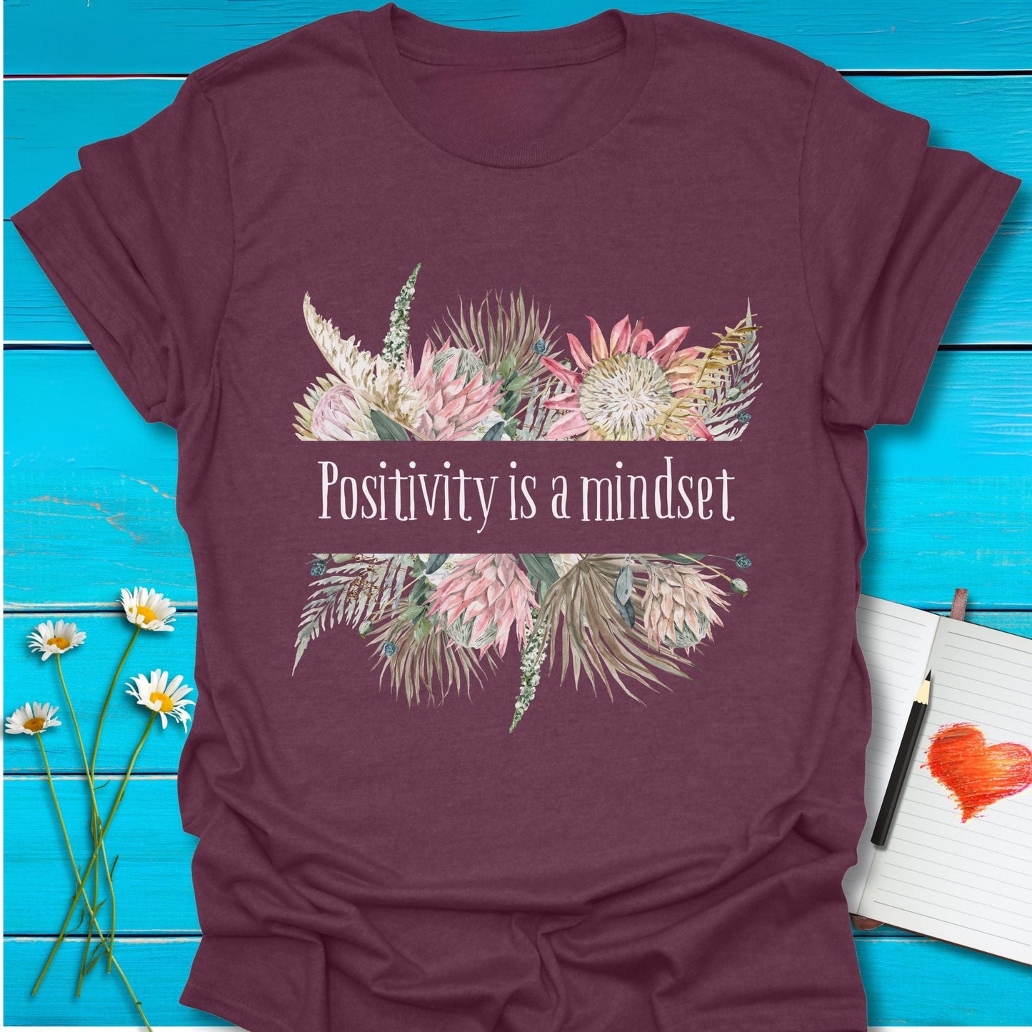 T-Shirt Heather Maroon / S Floral Positivity T-Shirt Echo Kindness Printify