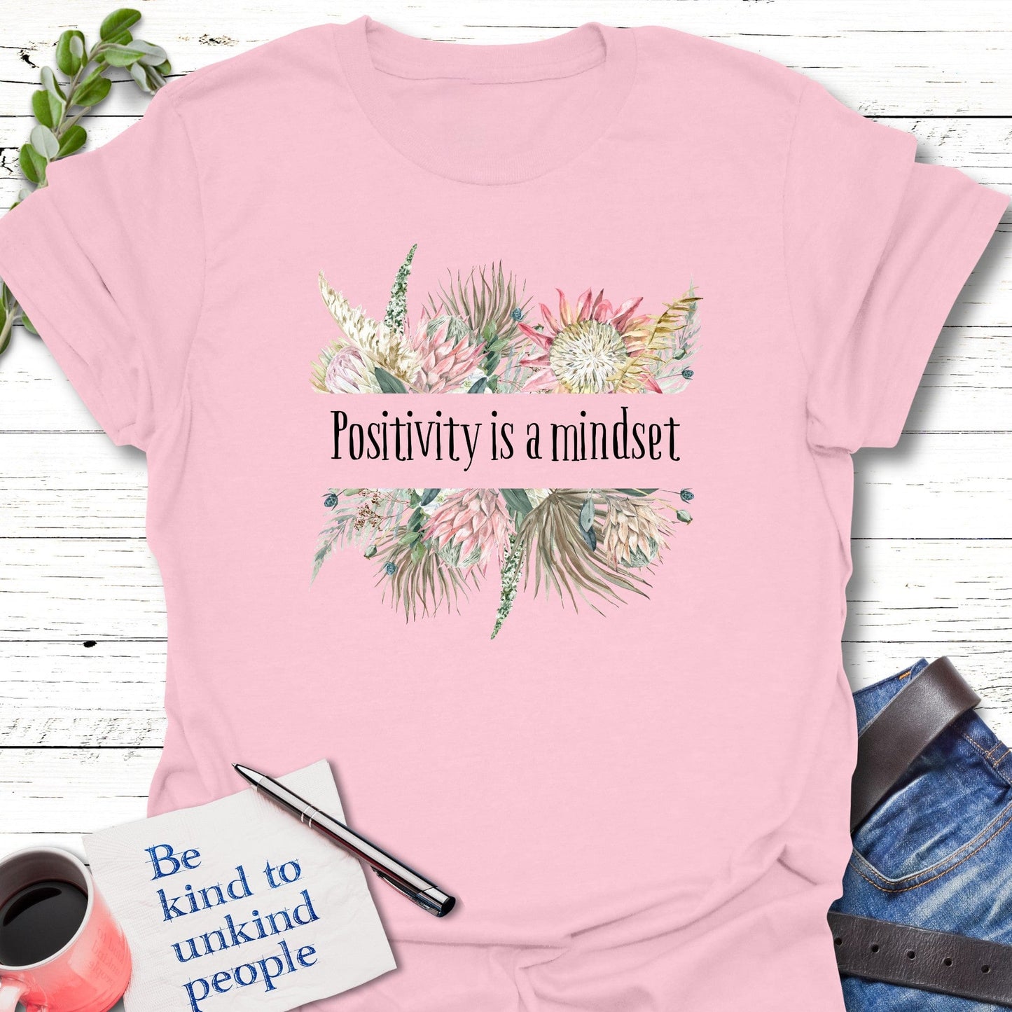 T-Shirt Light Pink / S Floral Positivity T-Shirt Echo Kindness Printify