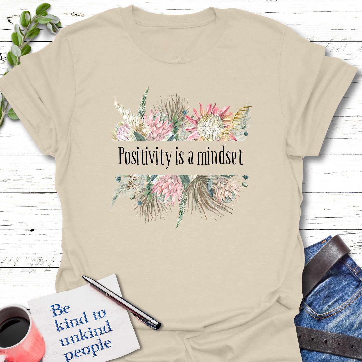 T-Shirt Natural / S Floral Positivity T-Shirt Echo Kindness Printify