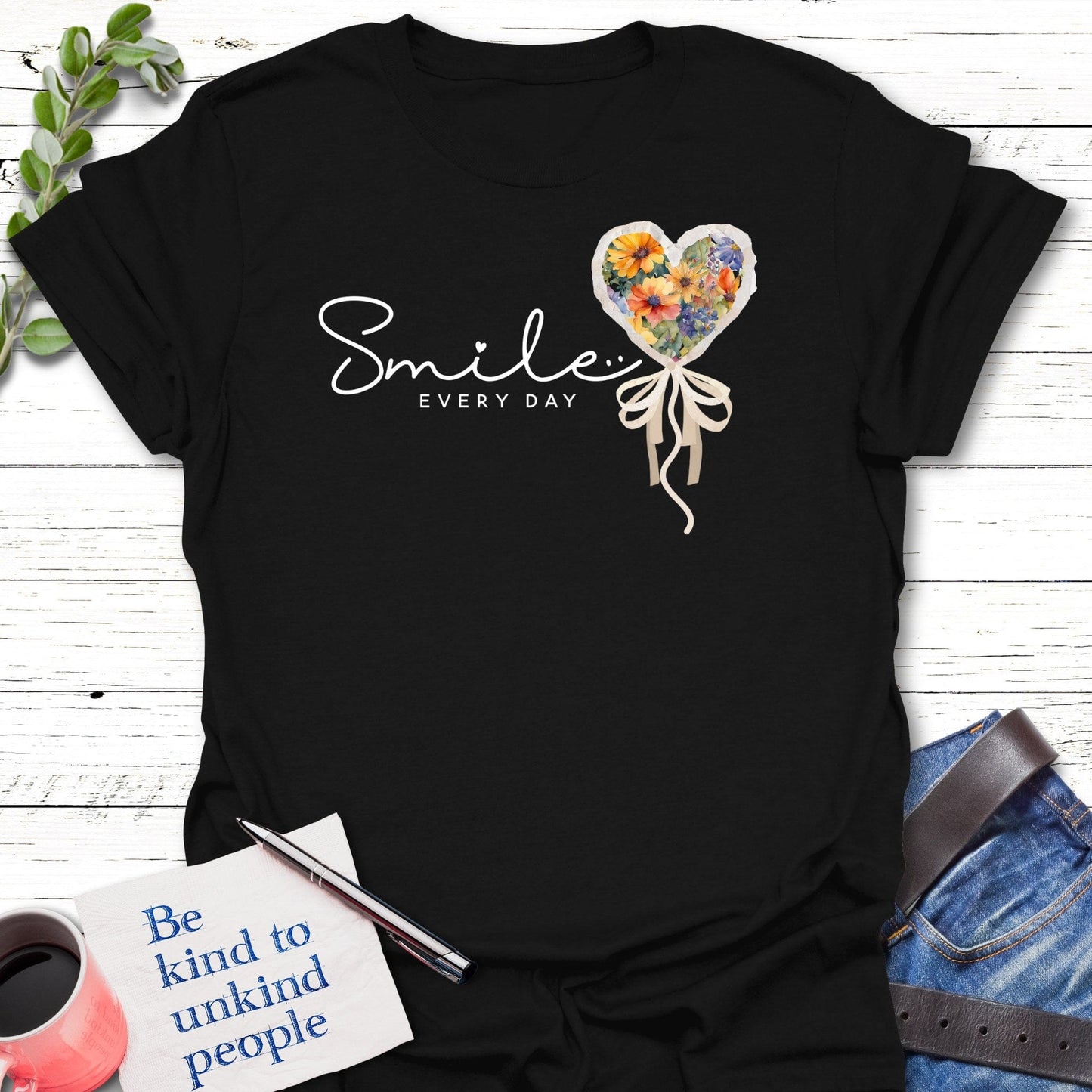 T-Shirt Black / S Floral Smile T-Shirt Echo Kindness Printify