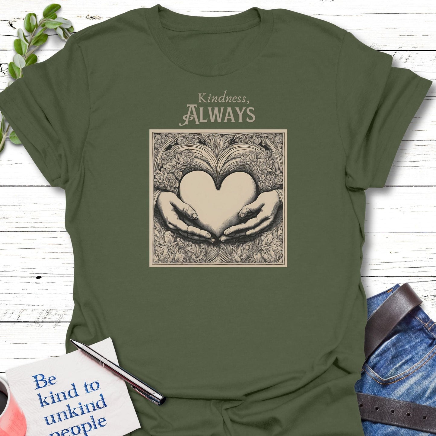 T-Shirt Military Green / S Heart in Hand T-Shirt Echo Kindness Printify