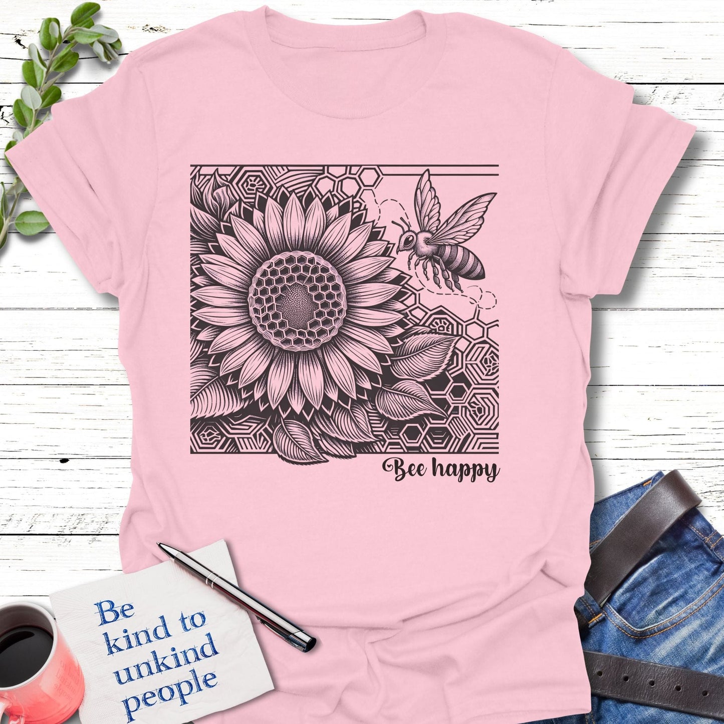 T-Shirt Light Pink / S Honey Bee Happy T-Shirt Echo Kindness Printify
