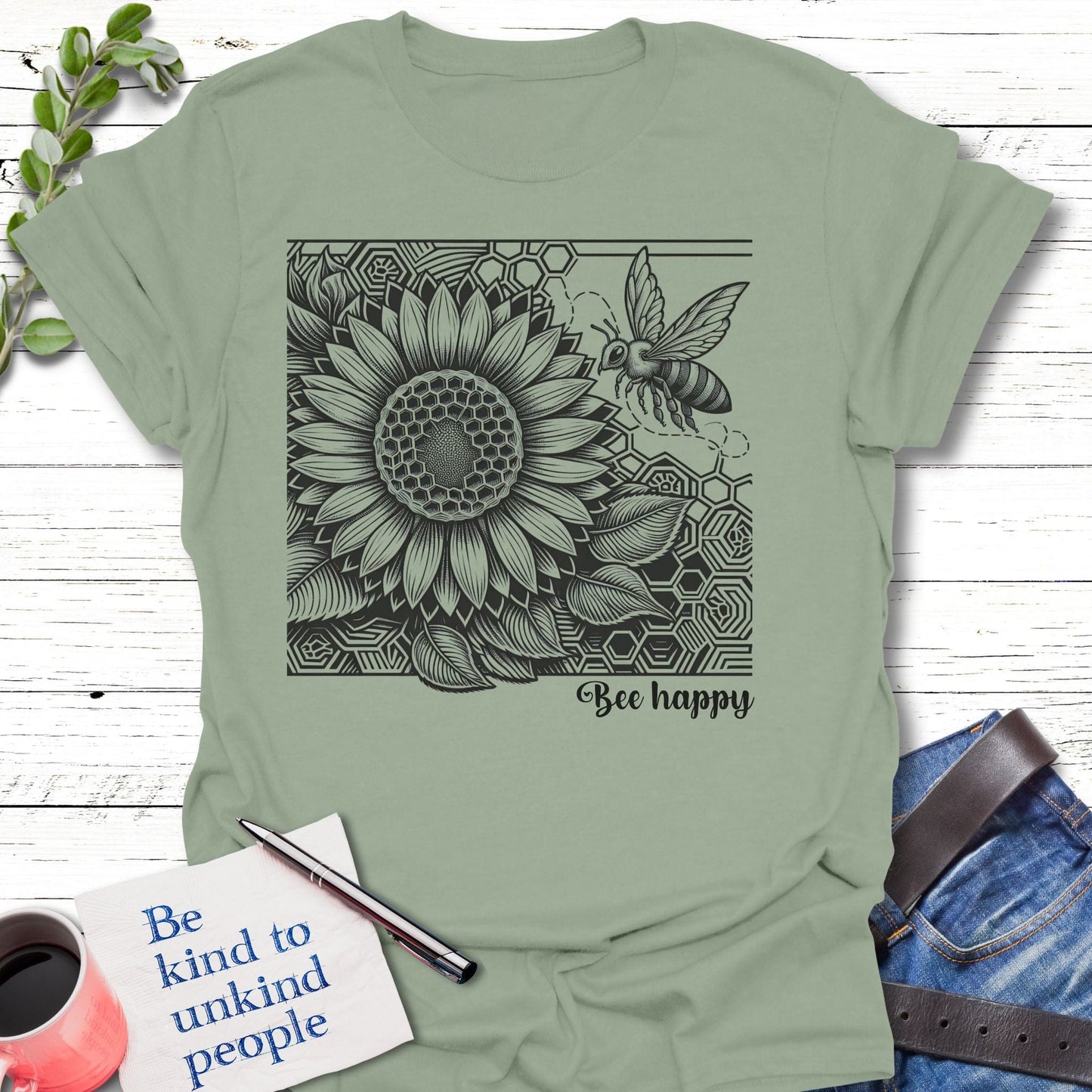 T-Shirt Sage / S Honey Bee Happy T-Shirt Echo Kindness Printify