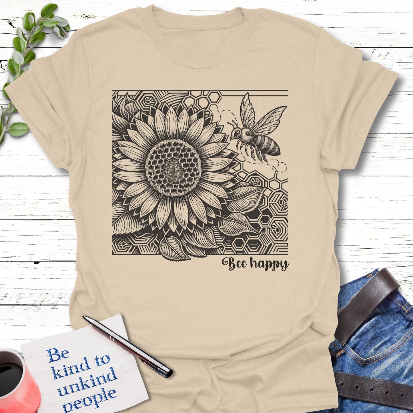 T-Shirt Sand / S Honey Bee Happy T-Shirt Echo Kindness Printify