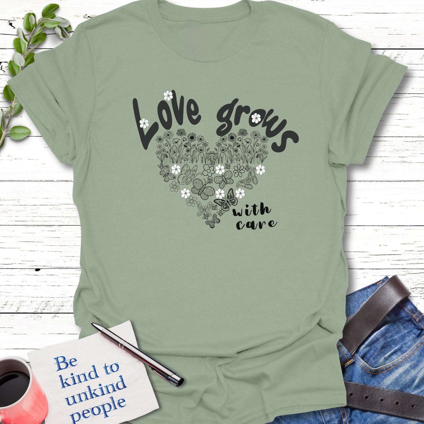 T-Shirt Sage / S Love Grows T-Shirt Echo Kindness Printify