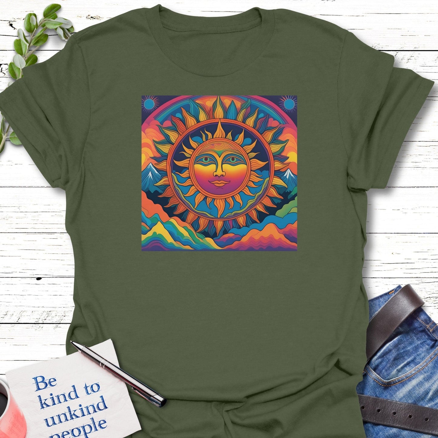 T-Shirt Military Green / S Mountain Sunshine T-Shirt Echo Kindness Printify