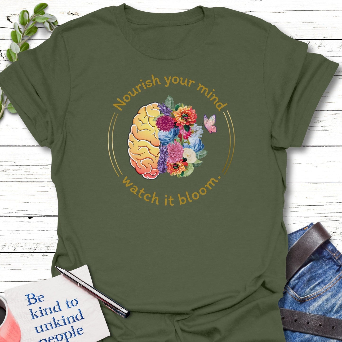 T-Shirt Military Green / S Nourishing Bloom T-Shirt Echo Kindness Printify