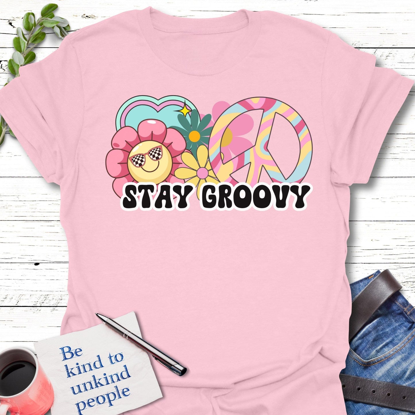 T-Shirt Light Pink / S Stay Groovy T-Shirt Echo Kindness Printify