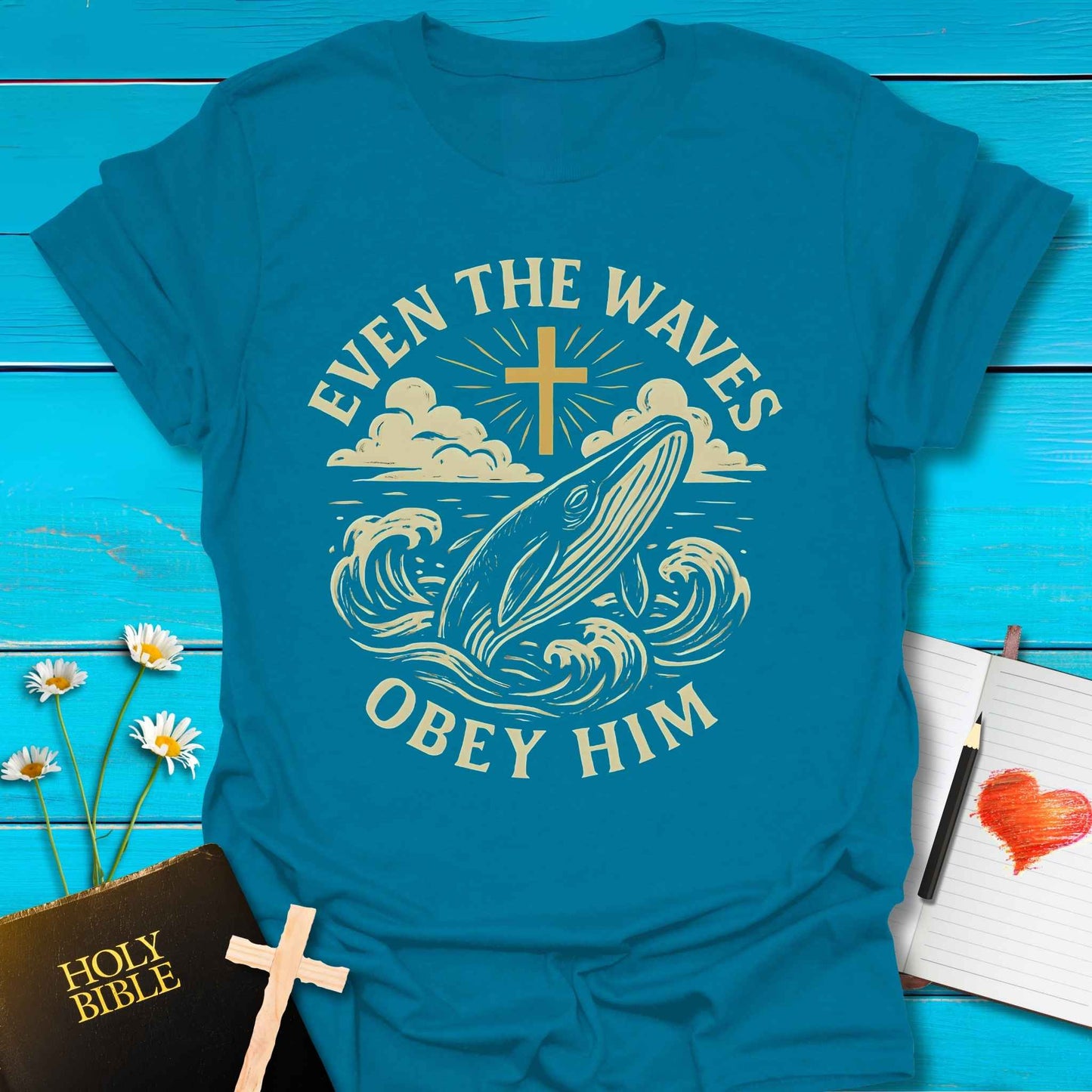 T-Shirt Antique Sapphire / S Waves Obey Him T-Shirt Echo Kindness Printify