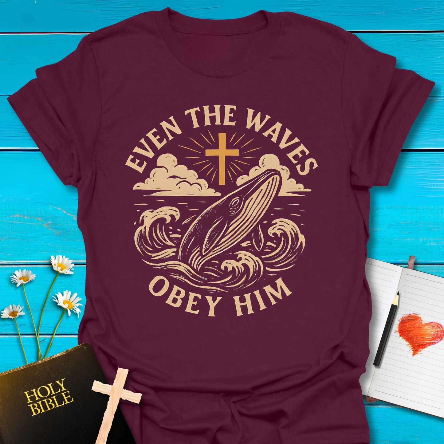 T-Shirt Maroon / S Waves Obey Him T-Shirt Echo Kindness Printify