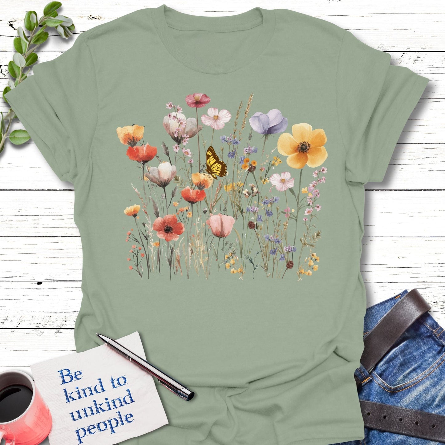 T-Shirt Sage / S Wildflower Kiss T-Shirt Echo Kindness Printify