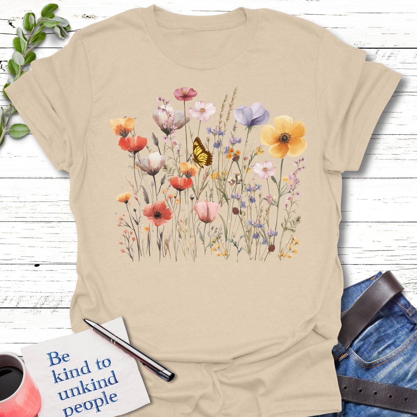 T-Shirt Sand / S Wildflower Kiss T-Shirt Echo Kindness Printify