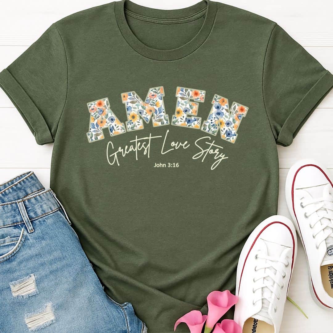 T-Shirt Heather Military Green / S Amen Greatest Love Story T-Shirt Echo Kindness
