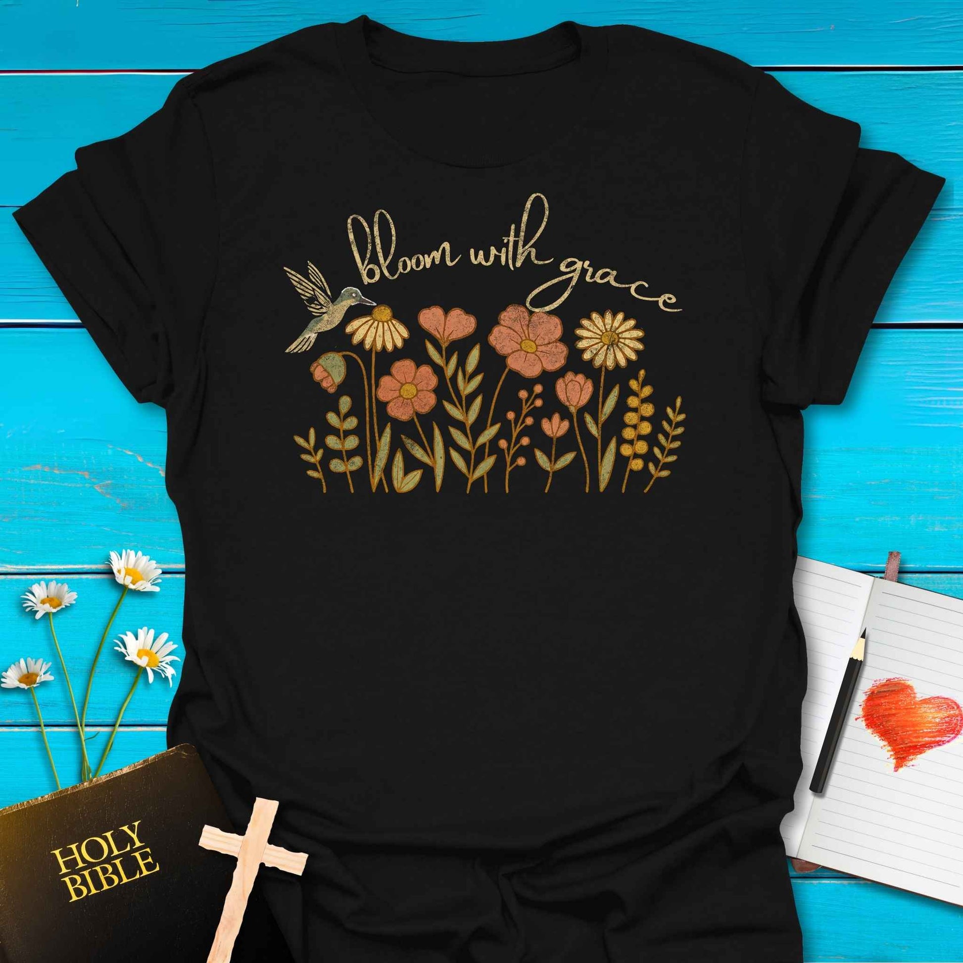 T-Shirt Black / S Bloom with Grace Distressed T-Shirt Echo Kindness Printify