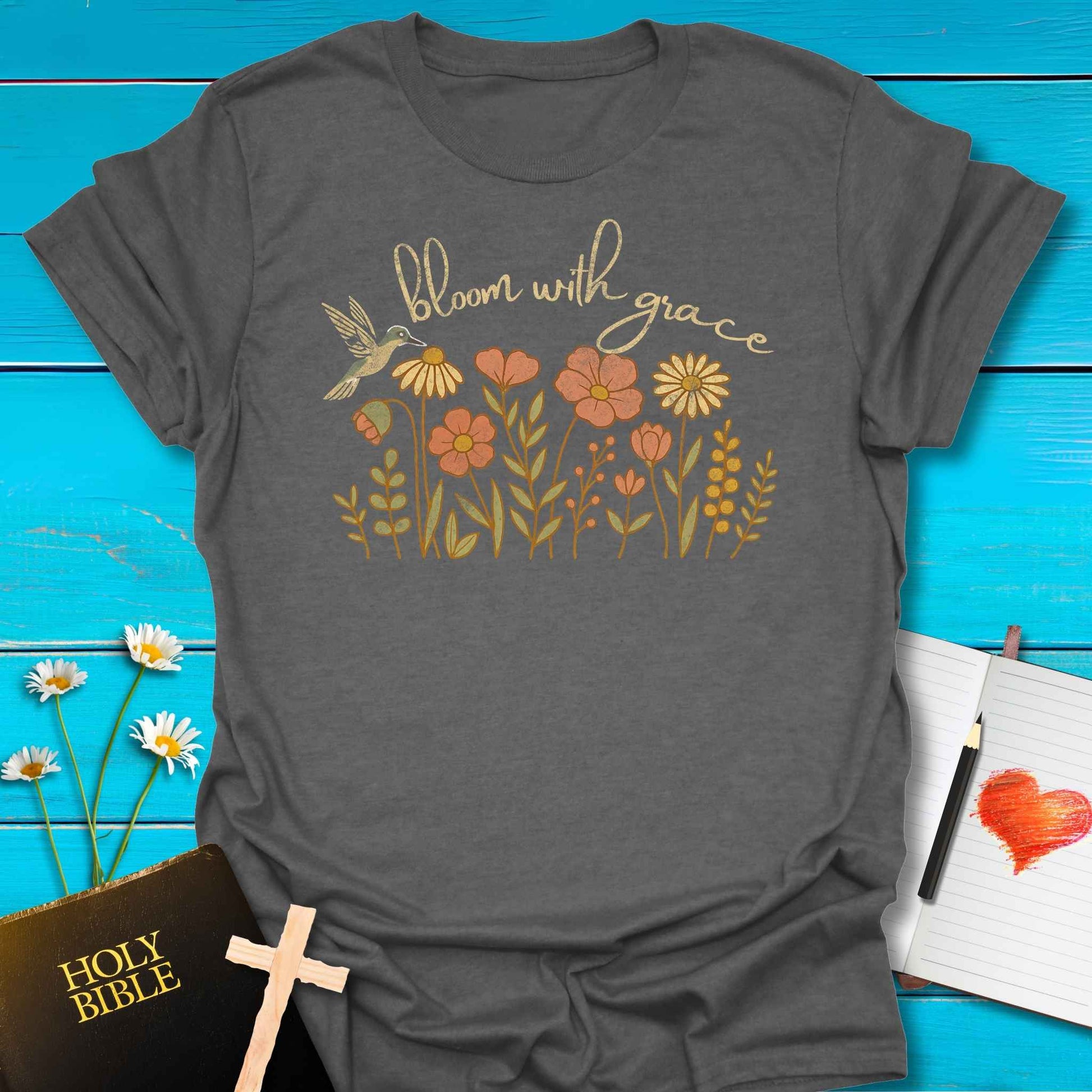 T-Shirt Graphite Heather / S Bloom with Grace Distressed T-Shirt Echo Kindness Printify