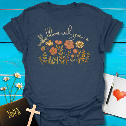 T-Shirt Heather Navy / S Bloom with Grace Distressed T-Shirt Echo Kindness Printify
