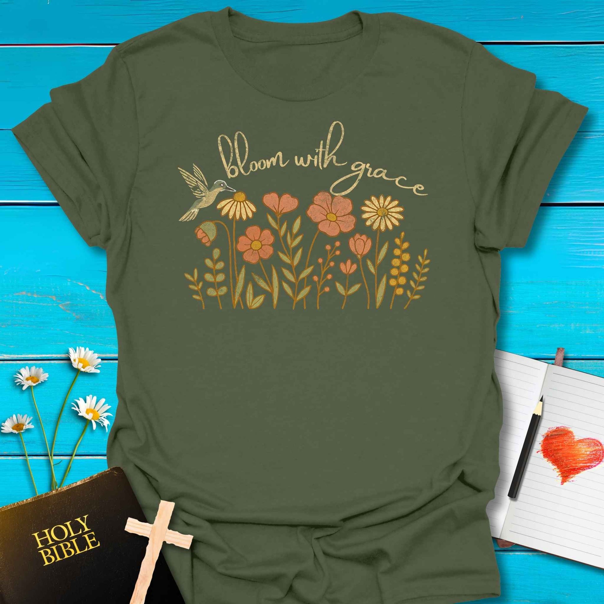 T-Shirt Military Green / S Bloom with Grace Distressed T-Shirt Echo Kindness Printify
