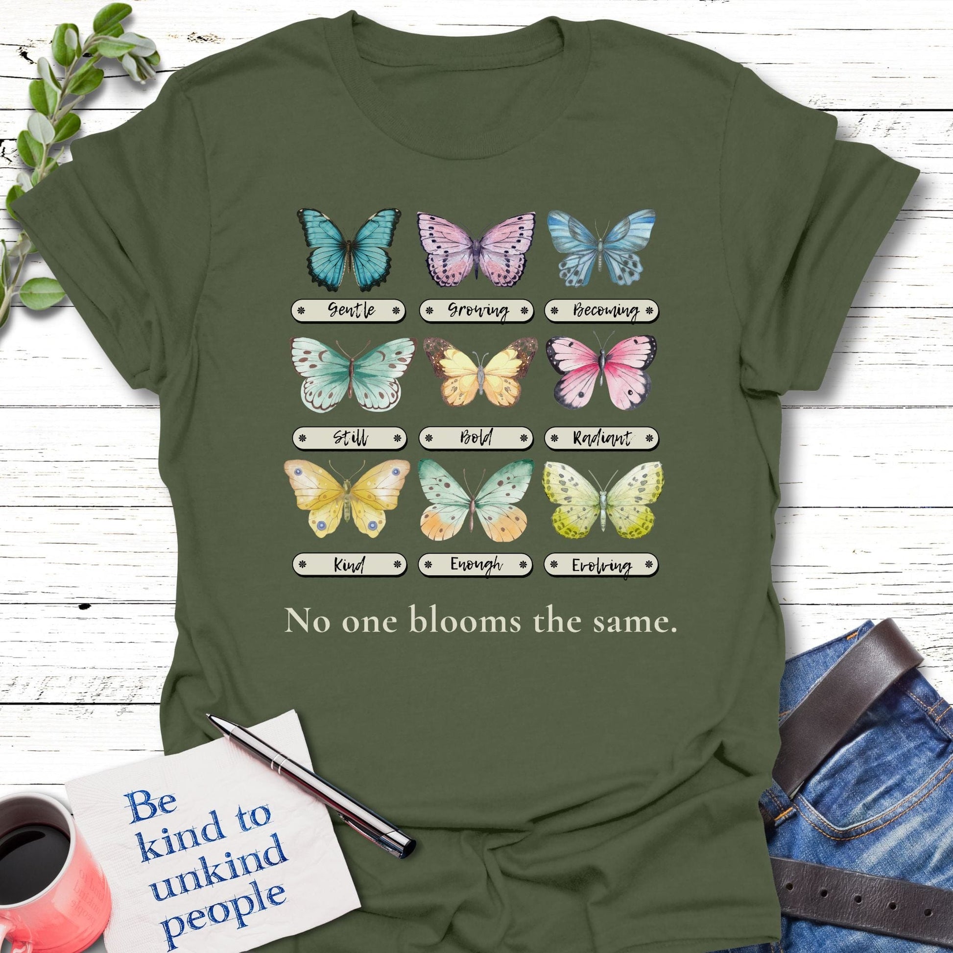 T-Shirt Military Green / S Different Blooms T-Shirt Echo Kindness Printify