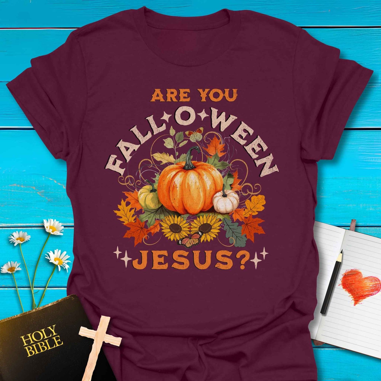 T-Shirt Maroon / S Falloween Jesus T-Shirt Echo Kindness Printify