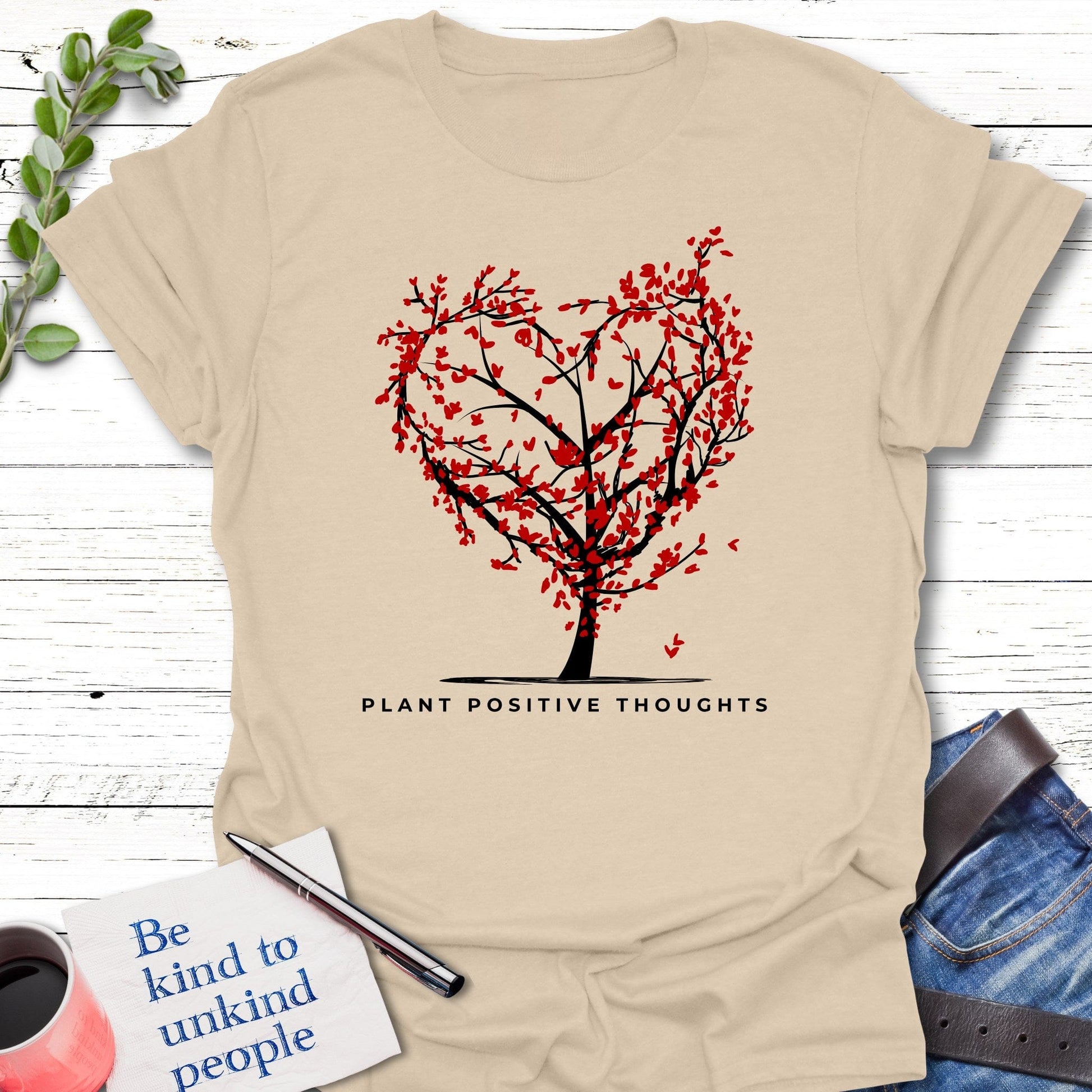 T-Shirt Sand / S Plant positive T-Shirt Echo Kindness Printify