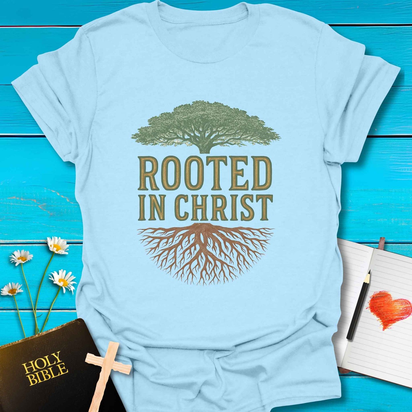 T-Shirt Light Blue / S Rooted in Christ T-Shirt Echo Kindness Printify