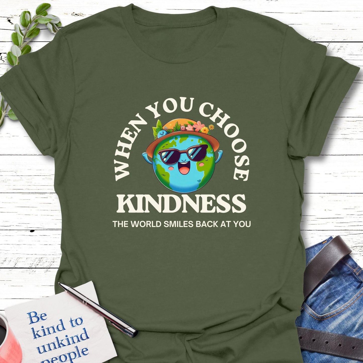 T-Shirt S / Military Green Smiling Earth T-Shirt Echo Kindness Printify