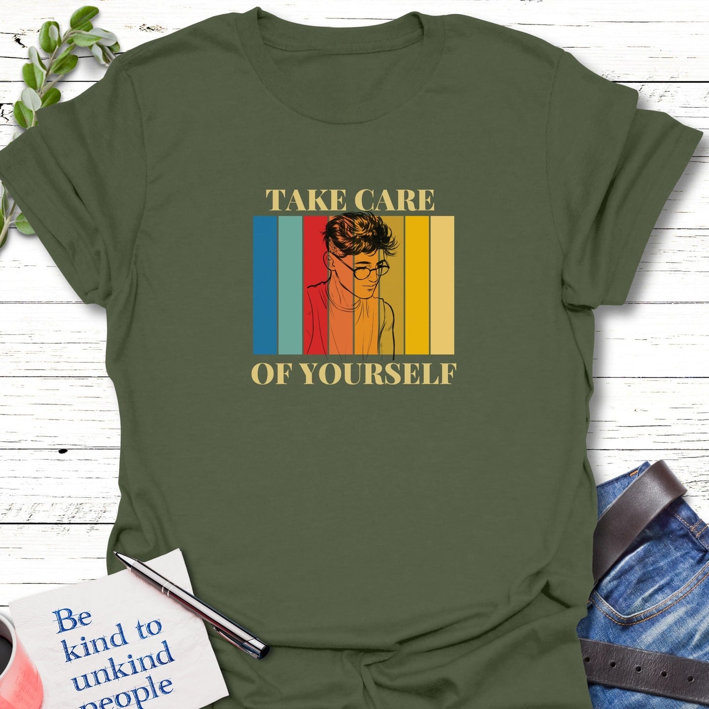T-Shirt Military Green / S Take Care Dude T-Shirt Echo Kindness Printify
