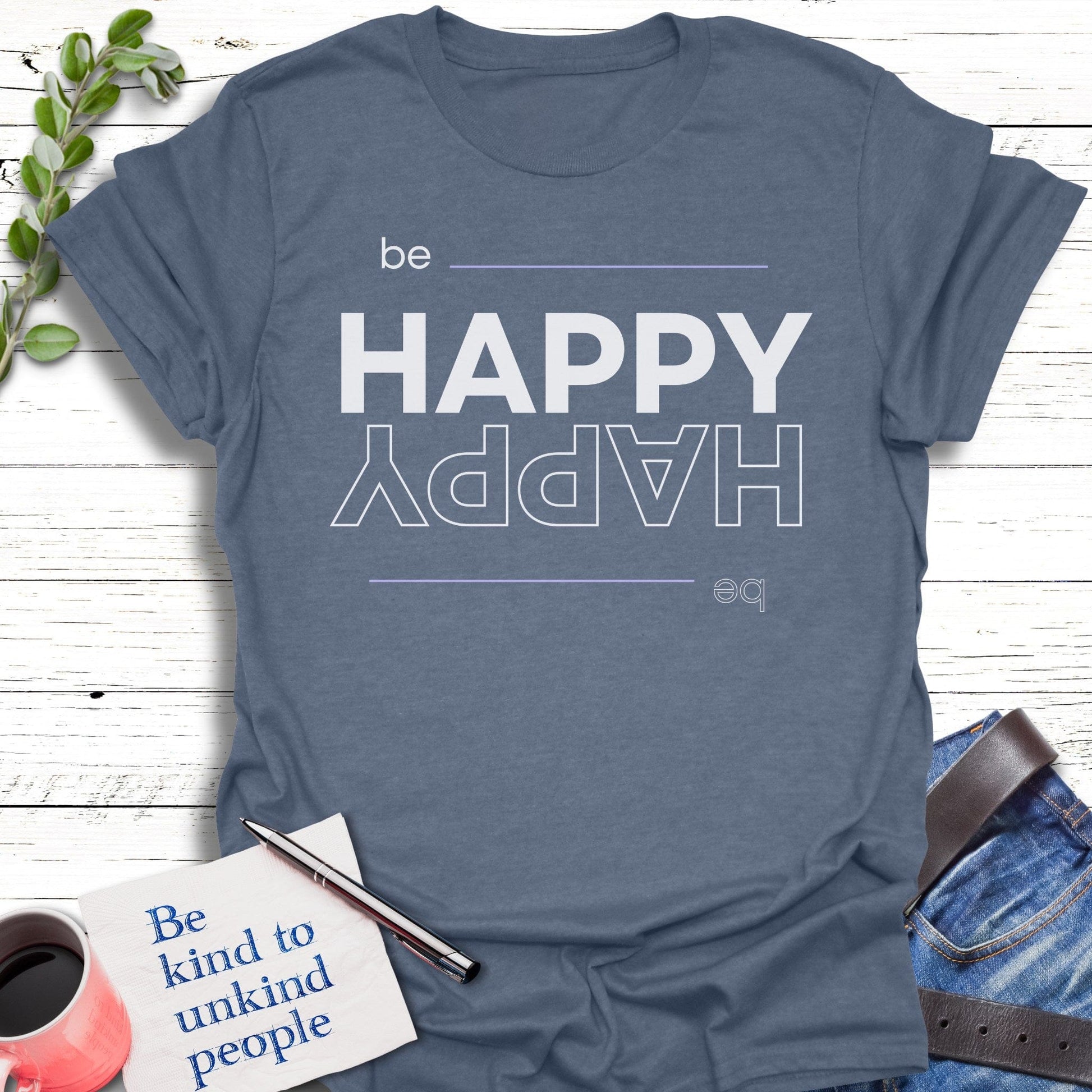 T-Shirt Heather indigo / S Upside Down Happy T-Shirt Echo Kindness Printify