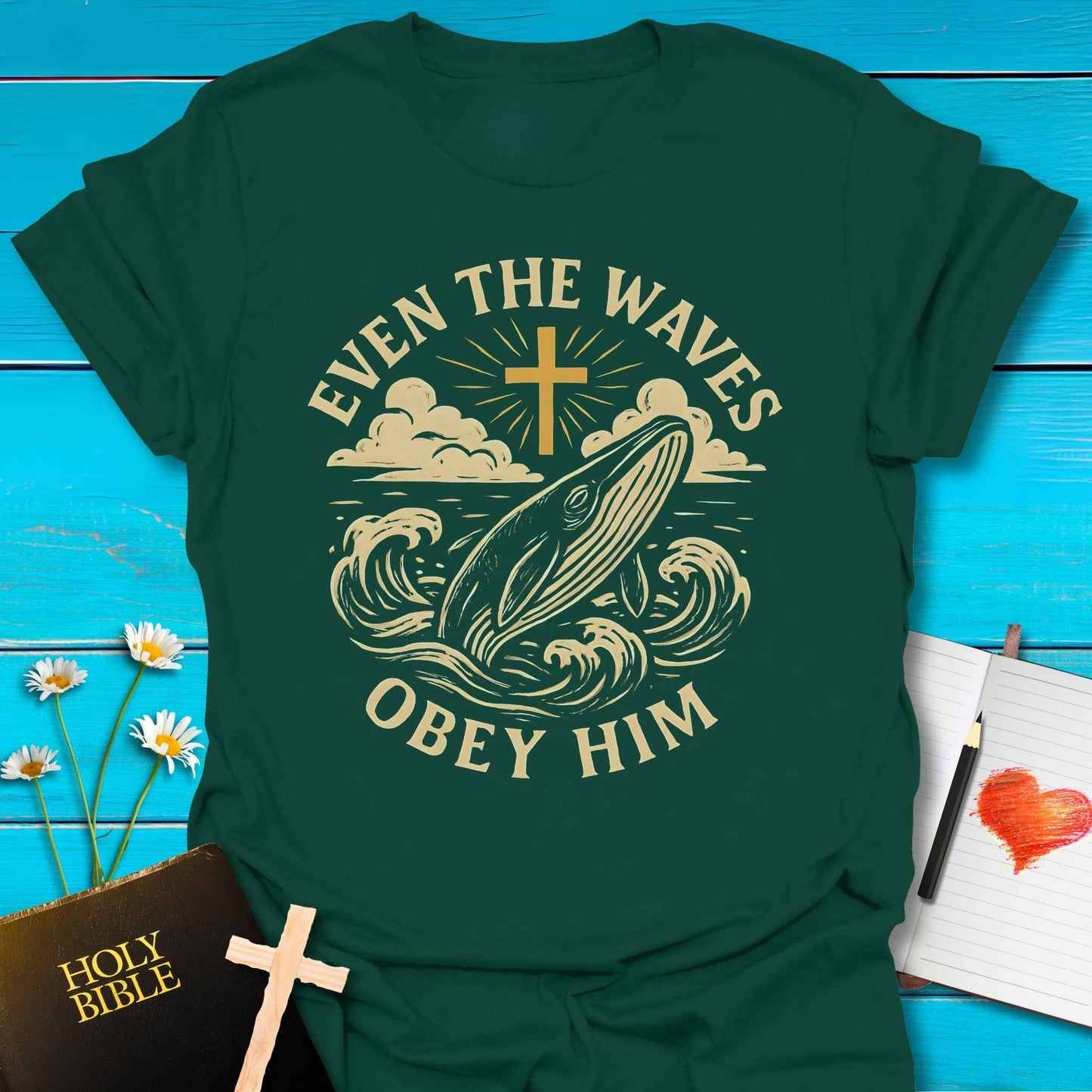 T-Shirt Forest Green / S Waves Obey Him T-Shirt Echo Kindness Printify